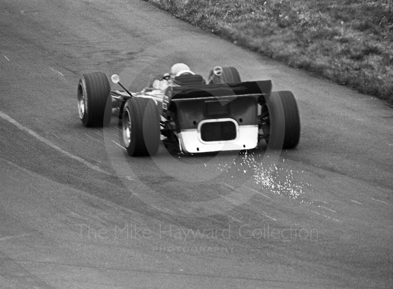 Sparks fly from beneath the Gold Leaf Team Lotus 56B turbine of&nbsp;Reine Wisell at Deer Leap, Oulton Park Rothmans International Trophy, 1971
