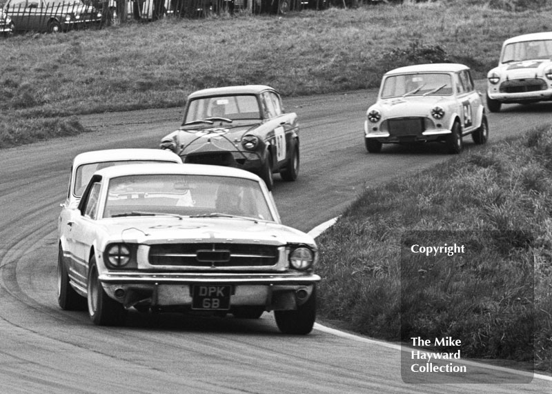 Robin Smith, Ford Mustang; John Myerscough, Ford Anglia; and Paul Purseglove, Mini Cooper S; Redex Special Saloon Car Championship, BRSCC Â£1000 meeting, Oulton Park, 1967.
