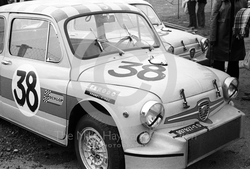 SRT Holland Fiat Abarth 1000 Berlinas of Toine Hezemans (TO997927) and AB Goedemans&nbsp;in the paddock at&nbsp;Thruxton, Easter Monday meeting 1968.
