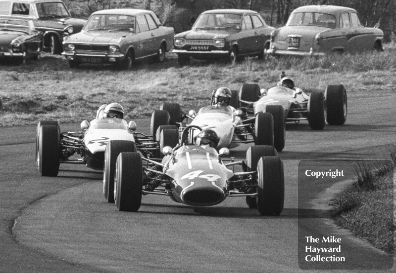 Roy Pike, Charles Lucas Titan Mk 3, leads Mike Walker, Chequered Flag/Scalextric McLaren M4A, Tony Lanfranchi, Ken Bass Racing Merlyn M10A and Peter Gethin, Chevron B9,&nbsp;BRSCC Trophy, Formula 3, Oulton Park, 1968.
