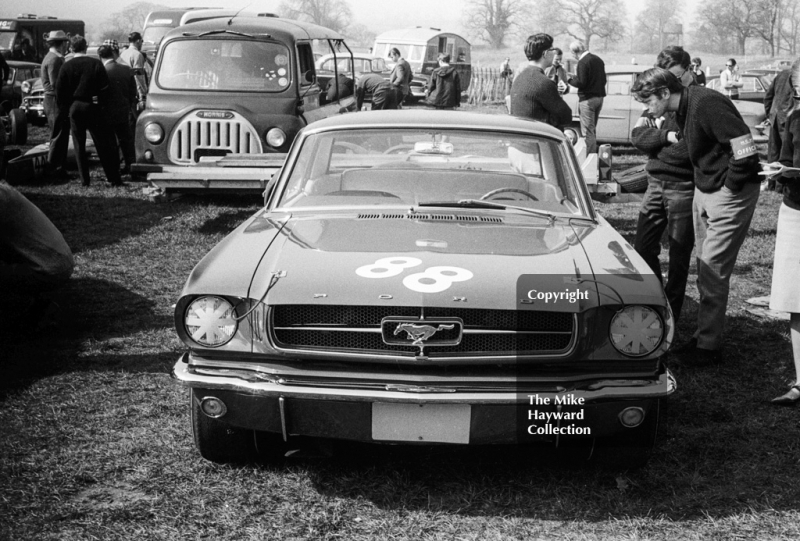 Ford Mustang of Gawaine Baillie in the paddock, Oulton Park Spring Race Meeting, 1965
