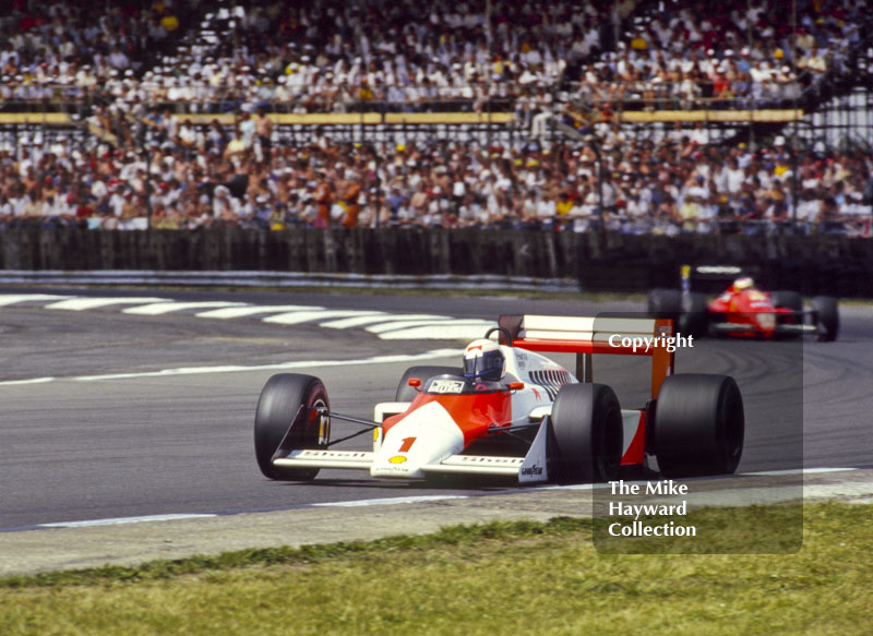 Alain Prost, Marlboro McLaren MP4-3, at Copse Corner before retiring with broken clutch on lap 53, British Grand Prix, Silverstone, 1987
