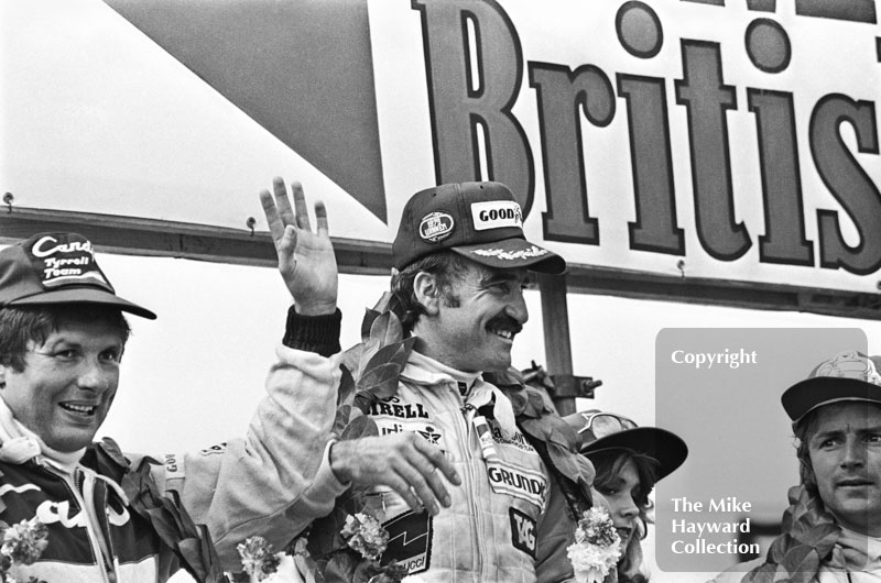 Jean-Pierre Jarier, Tyrrell, Clay Regazzoni, Williams, and Rene Arnoux, Renault,&nbsp;on the podium at the Silverstone 1979 British Grand Prix.
