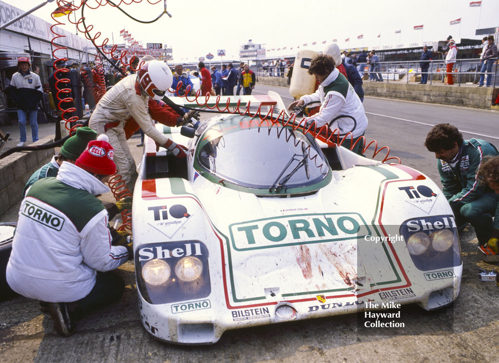 Walter Brunn/Thierry Boutsen, Porsche 956, showing signs of a hairy moment with one of Silverstone's residents, World Endurance Championship, 1985&nbsp;Grand Prix International 1000km meeting.

