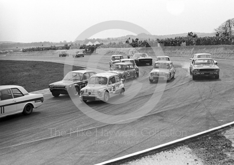 On the first lap at Campbell Bend are Ab Goedemans, SRT Holland Fiat Abarth 1000 Berlina, John Fitzpatrick, Broadspeed Ford Escort, Tony Youlten, Cars and Car Conversions Mini Cooper S, and Toine Hezemans, SRT Holland Fiat Abarth 1000 Berlina,&nbsp;Thruxton Easter Monday meeting 1968.
