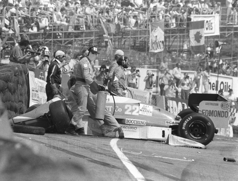 Allen Berg's Osella after first lap accident, Brands Hatch, British Grand Prix 1986.
