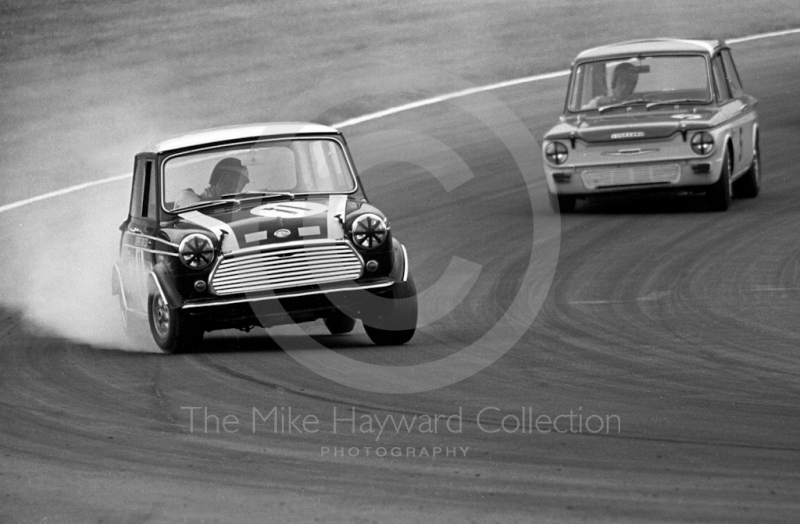 Steve Neal, Cooper Car Company Mini Cooper S, and Tony Lanfranchi, Alan Fraser Sunbeam Imp,&nbsp;Brands Hatch, Grand Prix meeting 1968.
