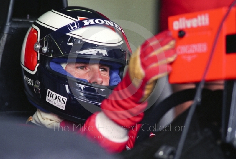 Gerhard Berger, McLaren MP4-6, in the pits during practice for the 1991 British Grand Prix at Silverstone.
