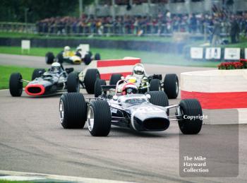 Geoff Farmer, Rob Walker Lotus 49B, leads through the chicane, Glover Trophy, Goodwood Revival, 1999.
