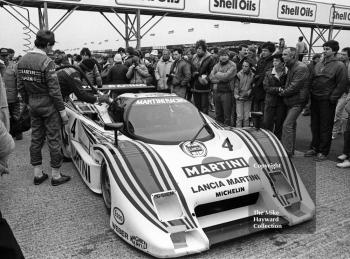 The Lancia LC2 of Riccardo Patrese and Alessandro Nannini gets a fuel fill-up before the start, World Endurance Championship, 1985 Grand Prix International 1000km meeting, Silverstone.
