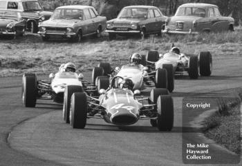 Roy Pike, Charles Lucas Titan Mk 3, leads Mike Walker, Chequered Flag/Scalextric McLaren M4A, Tony Lanfranchi, Ken Bass Racing Merlyn M10A and Peter Gethin, Chevron B9, BRSCC Trophy, Formula 3, Oulton Park, 1968.
