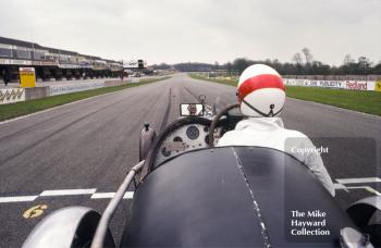 The view to Redgate for M Fountain, Riley 9, on the front row of the grid, VSCC Donington May 1979
