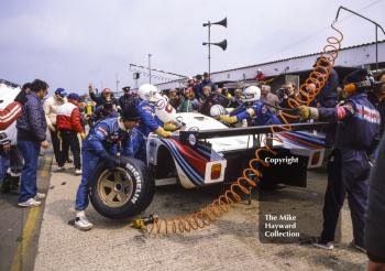 Lancia LC2 pit stop, World Endurance Championship, 1985 Grand Prix International 1000km meeting, Silverstone.
