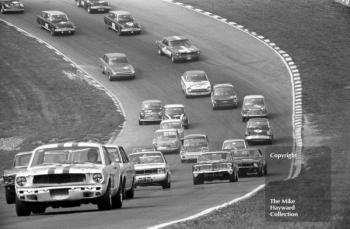 Jack Oliver, Ford Mustang, leads into Druids Hairpin, British Touring Car Championship Race, Guards International meeting, Brands Hatch 1967.
