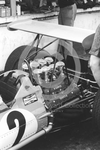 Cosworth Ford V8 engine in the car of Bruce McLaren at Brands Hatch, 1968 British Grand Prix.
