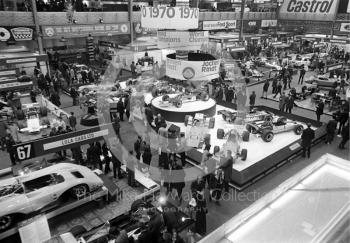 An overall view of the International Racing Car Show at Olympia in 1971, with Jocken Rindt's championship-winning Lotus 72 taking centre stage.