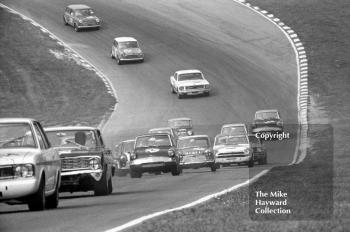 Mike Young, Superspeed Conversions Ford Anglia, in the middle of the pack, British Touring Car Championship Race, Guards International meeting, Brands Hatch 1967.

