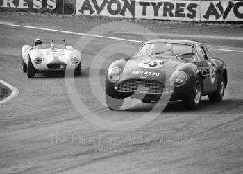 Tom Leake, Aston Martin DB4GT Zagato (SBH 209D), followed by Leigh Davis, Ginetta G4, Lodge Corner, Sports Car Race, Oulton Park, 1969.
