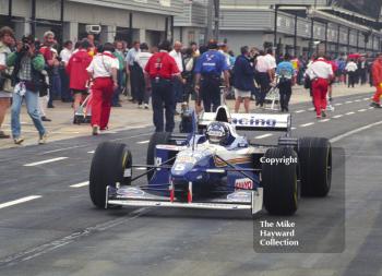 Damon Hill, Williams Renault FW18 leaves the pit lane, Silverstone, British Grand Prix 1996.
