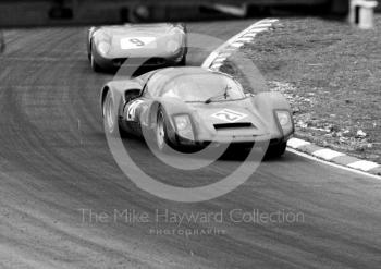 Porsche 906 of Bill Bradley/ Eric Liddell, followed by Pedro Rodriguez/Roy Pierpoint, Ferrari 250LM at South Bank Bend, 1968 BOAC 500, Brands Hatch
