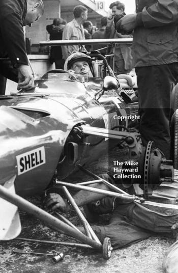 Chris Amon in the pits with his Ferrari 312 0007 V12 during practice for the 1968 British Grand Prix at Brands Hatch.
