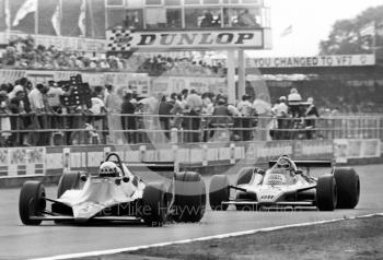 Didier Pironi, Tyrrell 009, ahead of Jacky Ickx, Ligier JS11, Silverstone, 1979 British Grand Prix.
