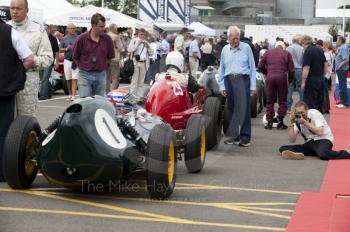 Philip Walker, 1959 Lotus 16, behind Annie Templeton, 1933 MG KN Special, Pre-1961 Front Engine Grand Prix Cars, Silverstone Classic 2010