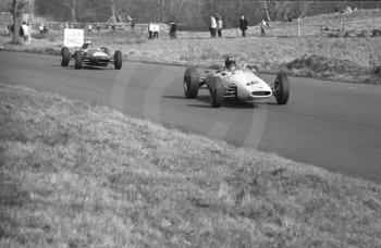 Graham Hill, John Coombs Brabham BT16 BRM, leads winner Denny Hulme, Brabham BT16, down The Avenue, Oulton Park, Spring International 1965.
