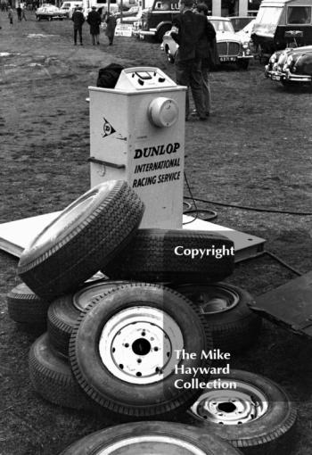 A pile of tyres in the paddock, Oulton Park Gold Cup meeting, 1964.
