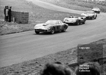 Mike Salmon, Ferrari 250 GTO, David Hobbs, Harold Young Lola T70, Frank Gardner, Willment Shelby Cobra, Sir John Whitmore, Alan Mann Shelby Cobra, 1965 Tourist Trophy, Oulton Park.
