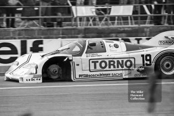 Walter Brunn/Thierry Boutsen, Porsche 956, on three wheels, World Endurance Championship, 1985 Grand Prix International 1000km meeting, Silverstone.
