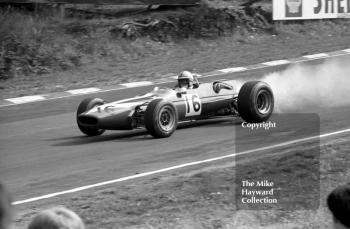 John Surtees, Lola T100 Ford, lays a smoke trail due to oil loss in heat 2, Guards European F2 Championship, Brands Hatch, 1967.
