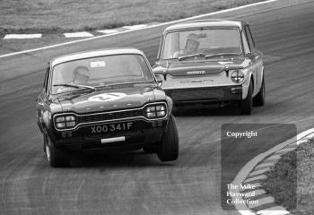 Chris Craft, Broadspeed Ford Escort (XOO 34F), leads through South Bank Bend followed by Peter Harper, Hillman Imp, Brands Hatch, Grand Prix meeting 1968.

