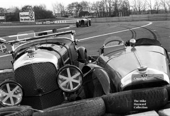 The 1928 Bentley of S Judd parked beside T C Llewellyn's 1929 Bentley at the chicane, VSCC Donington May 1979
