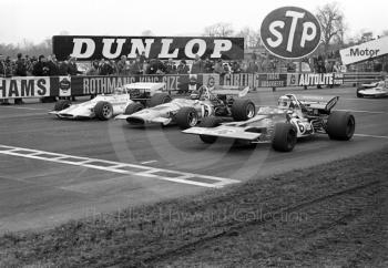 Pedro Rodriguez, Yardley BRM P160, leads off the line from Peter Gethin, McLaren M14A, and Jackie Stewart, Tyrrell 001, Oulton Park Rothmans International Trophy, 1971
