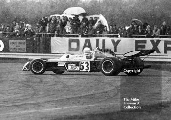 Clive Santo, F5000 Surtees Chevrolet TS8B, spins in the snow at Silverstone, International Trophy 1973.
