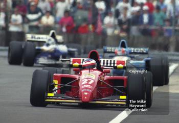 Jean Alesi, Ferrari 412T2, followed by Michael Schumacher, Benetton B195, and David Coulthard, Williams FW17, Silverstone, British Grand Prix 1995.
