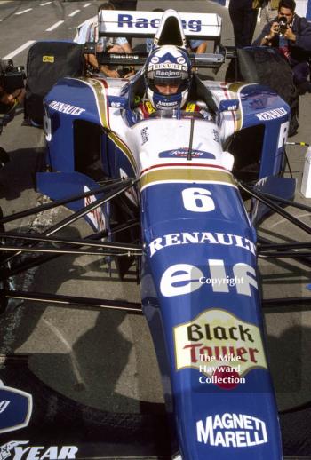 David Coulthard in the pit lane with his Williams FW17, Silverstone, 1995 British Grand Prix.
