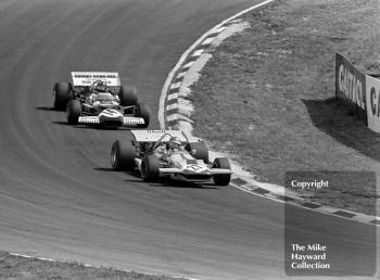 Ronnie Peterson, March 701, leads Graham Hill, Lotus 49C, 1970 British Grand Prix, Brands Hatch.
