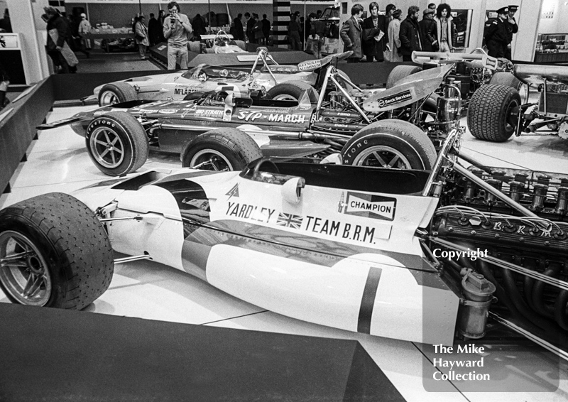 Yardley BRM P153, March 701 and McLaren M14A F1 cars at the International Racing Car Show, Olympia, 1971.