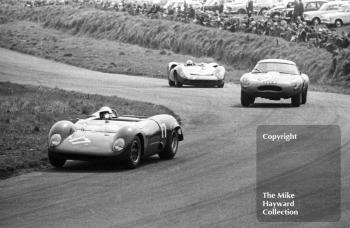Tommy Hitchcock, Celerity Inc Brabham BT8 Climax, in the lead at Knickerbrook, Tourist Trophy, Oulton Park, 1965. He is followed by David Wansbrough, ex Dick Protheroe lightweight Jaguar E type (reg no CUT 7) and John Surtees, Lola T70.
