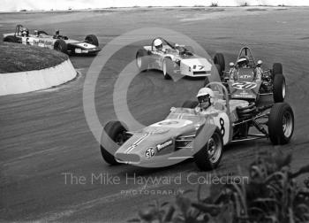 Mark Litchfield, Crossle 20F, Jeremy Gambs, Lotus 61M, Paul Ellis, U2 Mk 9 and Stephen Russell, Mallock U2 MK9B, Formula Ford, Mallory Park, May, 1971
