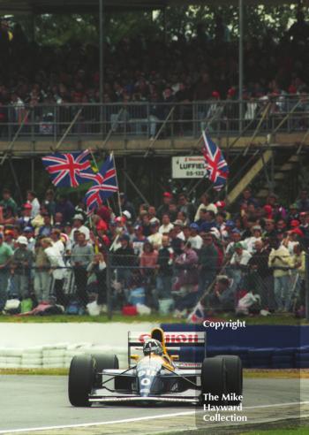 Damon Hill, Williams Renault FW15C, in front of packed grandstands at Woodcote during the 1993 British Grand Prix at Silverstone.
