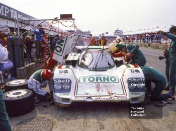 Walter Brunn/Thierry Boutsen, Porsche 956, showing signs of an encounter with one of Silverstone's resident hares, World Endurance Championship, 1985 Grand Prix International 1000km meeting.
