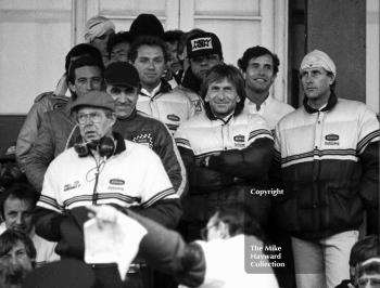 The Rothmans Porsche team line up before the start - faces include Jochen Mass, Derek Bell and Jacky Ickx. World Endurance Championship, 1985 Grand Prix International 1000km meeting, Silverstone.
