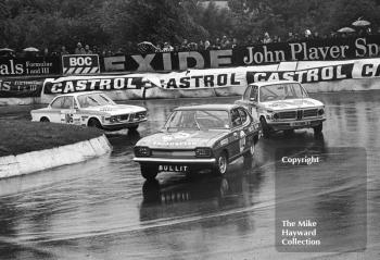 Dave Matthews, Broadspeed Ford Capri; John Bloomfield, Cronks Garage BMW 2002; and Roger Bell, BMW 2002; Castrol Production Saloon Car Championship Race, Mallory Park, 1972.

