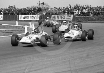 Sigi Hoffman, Lotus 69, and Peter Hull, Brabham BT28 and Tim Goss, March 713M, GKN Forgings Trophy, International Trophy meeting, Silverstone, 1971.
