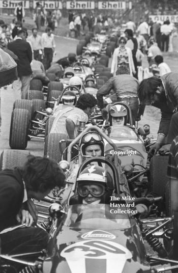 Chris Skeaping, Chevron B17, Jim Yardley, Beagle, and Martin Warren at the head of the queue for the final of the Formula 3 race, British Grand Prix, Brands Hatch, 1970.