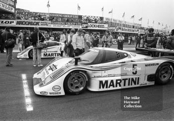 Martini Racing Lancia LC2s of Mauro Baldi/Bob Wollek (number 5) and Riccardo Patrese/Alessandro Nannini, World Endurance Championship, 1985 Grand Prix International 1000km meeting, Silverstone.
