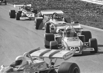 Bob Wollek, Motul Brabham BT38-12; Adrian Wilkins, John Coombs March 722-15; and David Purley, Lec Refrigeration Racing March 722-10, Mallory Park, Formula 2, 1972.
